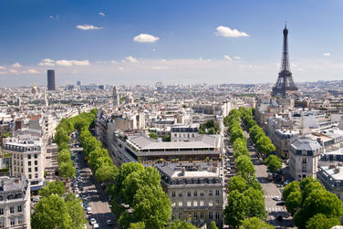 View on Paris from Arc de Triomphe. Eiffel tower on right, Avenue D´Iena and Tour Montparnasse on the left in background.